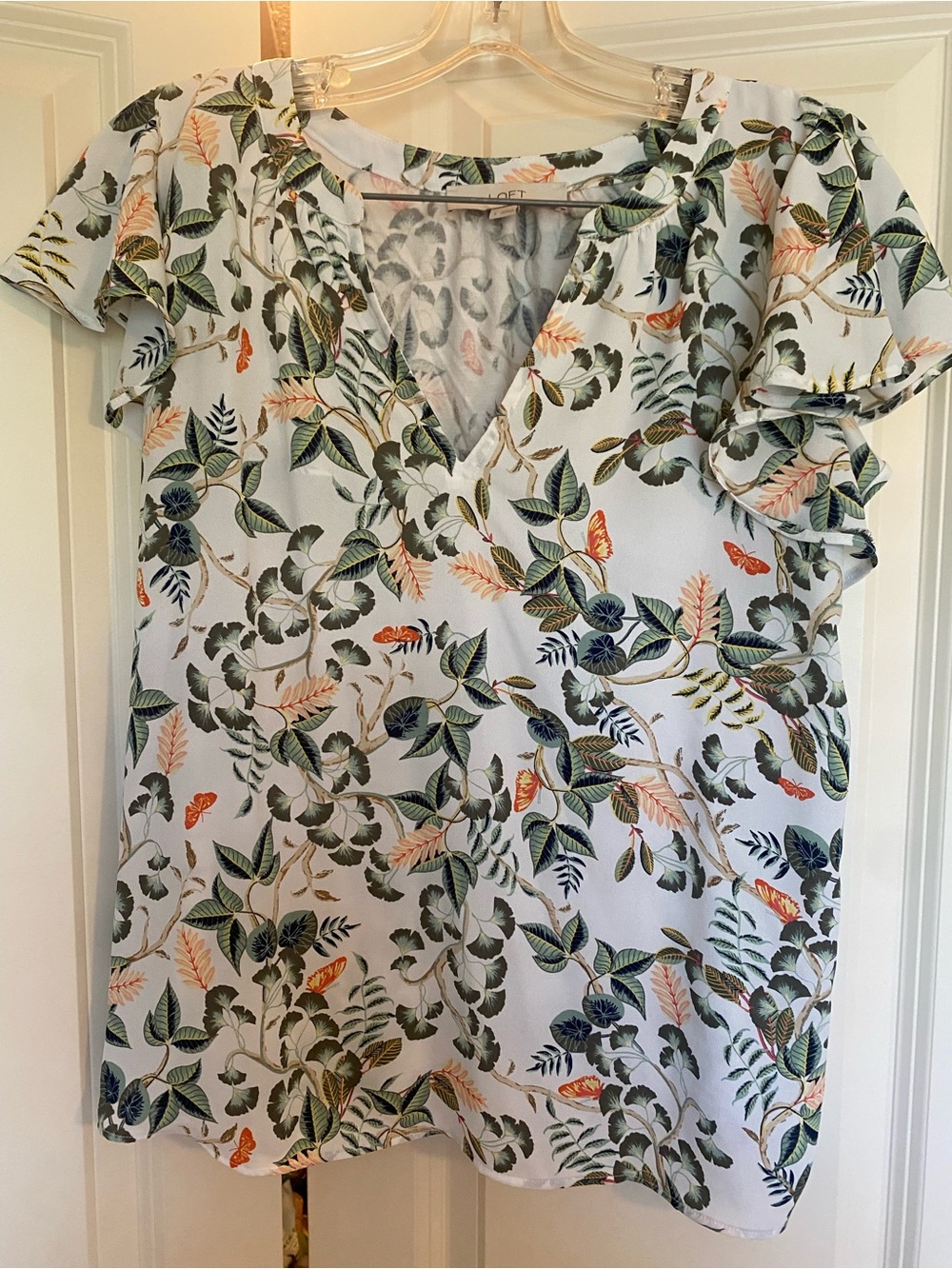 LOFT White Floral V-Neck Flutter Sleeve Blouse